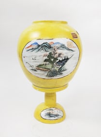 Chinese Landscape Decorated Yellow Ground Porcelain Wedding Lantern
