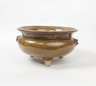 Antique Chinese Tea Dust Glazed Tripod Footed Censer Bowl