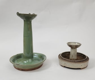 Lot of 2 Antique Chinese Crackle Glazed Pottery Candles Holders