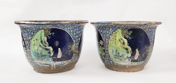 Pair of Antique Chinese Cobalt Blue Glazed & Enamel Decorated Pottery Planters