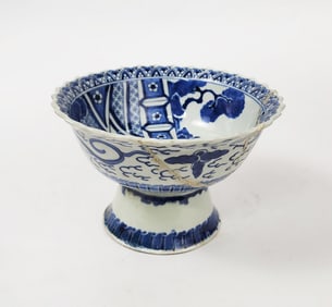 Antique Chinese Blue & White Porcelain Pedestal Bowl