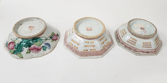 Lot of 3 Antique Chinese Porcelain Pedestal Bowls/ Offering Plates