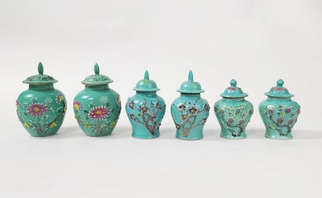Lot of 6 Chinese Export Turquoise Glazed Covered Small Porcelain Jars