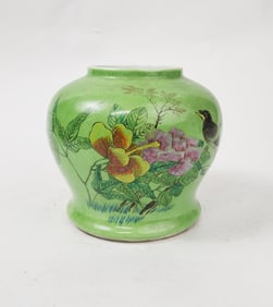 Antique Chinese Green Glazed & Enameled Porcelain Jar