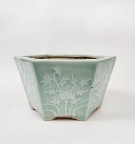 Antique Chinese Celadon Glazed & Slip Decorated Hexagonal Planter