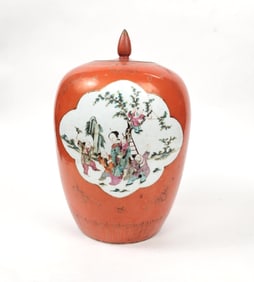 Antique Chinese Famille Rose Coral Ground Porcelain Jar