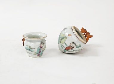 Lot of 2 Antique Chinese Famille Rose Porcelain Bird Feeders