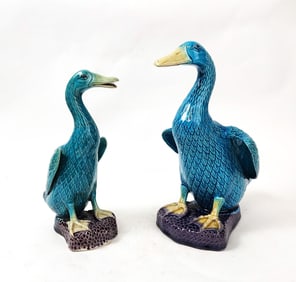 Lot of 2 Chinese Export Turquoise Glazed Duck Figurines