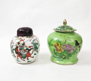 Lot of 2 Antique Chinese Famille Rose & Green Ground Porcelain Jars