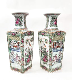 Pair of Vintage Chinese Export Canton Famille Rose Porcelain Square Vases