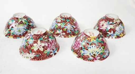 Set of 5 Antique Chinese Red Ground Famille Rose Cups