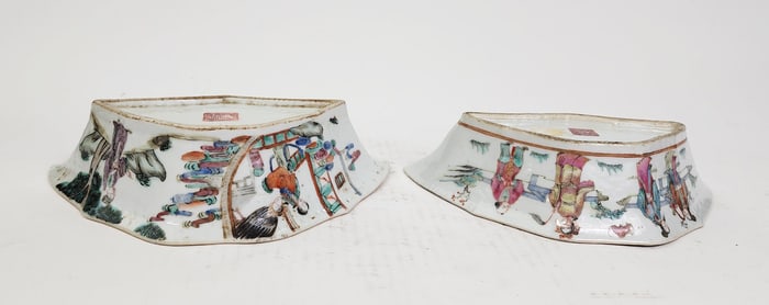 Lot of 2 Antique Chinese Famille Rose Porcelain Bat Shaped Bowls