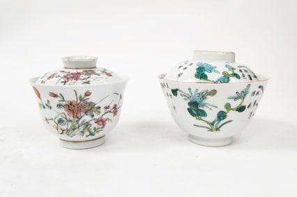 Lot of 2 Antique Chinese Famille Rose Lidded Cups
