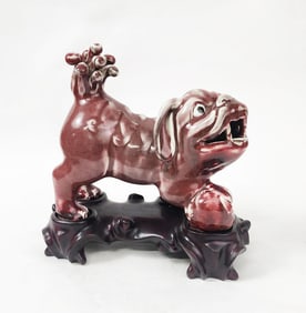 Antique Chinese Copper Red Glazed Foo Dog with Stand