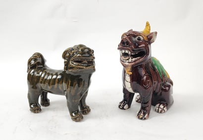 Lot of 2 Antique Chinese Sancai & Green Glazed Foo Dogs