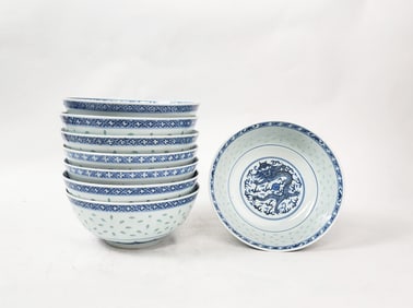 Set of 8 Chinese Export Rice Grain Pattern Porcelain Bowls