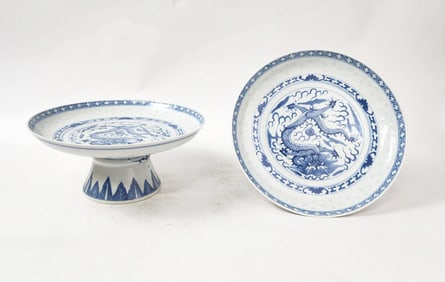 Pair of 2 Chinese Export Rice Grain & Dragon Pattern Pedestal Plates