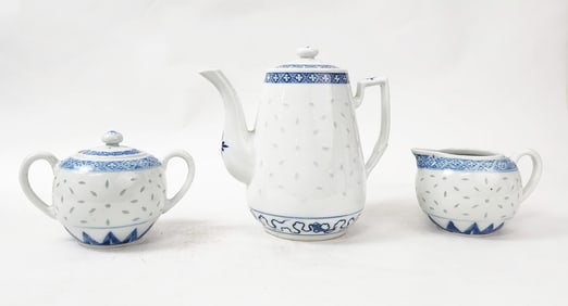 Chinese Export Rice Grain Pattern Porcelain Tea Pot, Sugar Bowl & Creamer Set