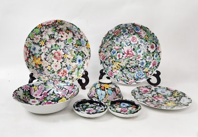 Group of 7 Antique Chinese Export Famille Noir Dishes