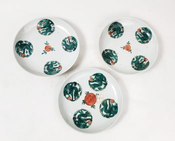 Lot of 3 Antique Chinese Green Enameled Porcelain Dragon Plates