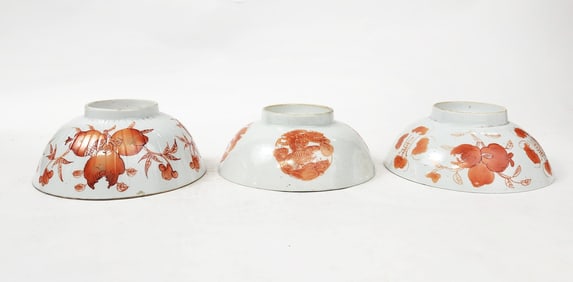 Lot of 3 Antique Chinese Tongzhi Marked Iron Red Decorated Bowls