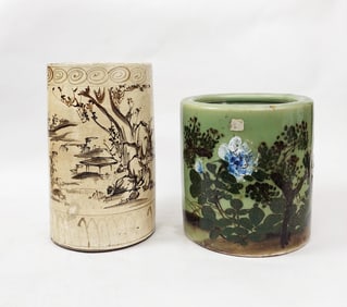 Lot of 2 Antique Japanese Celadon & Glazed Pottery Brush Pots