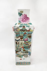 Antique Chinese Famille Rose Antiquities & Foo Dog Large Square Vase