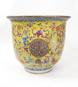 Antique Chinese Famille Rose Yellow Ground Enameled Porcelain Jardiniere