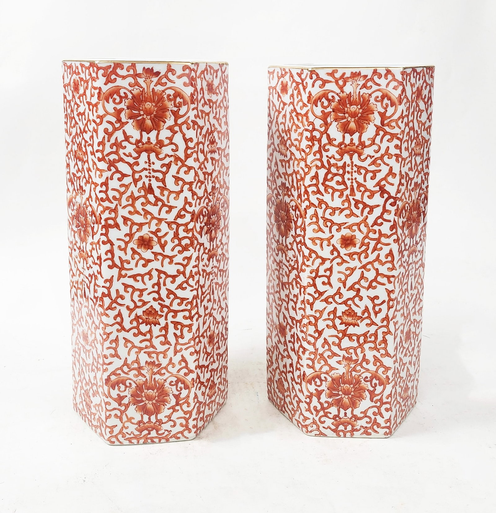 Pair of Vintage Chinese Export Iron Red Decorated Hexagonal Hat Stands/ Vases (1 of 4)