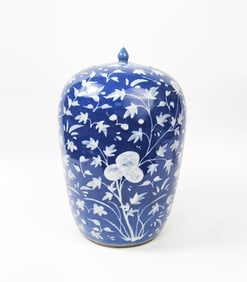 Antique Chinese Blue Ground White Slip Decorated Ginger Jar