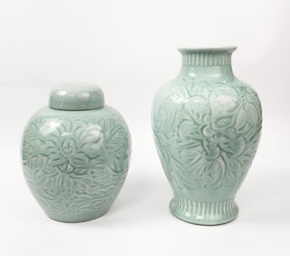 Vintage Chinese Carved Decorated & Celadon Glazed Jar & Vase