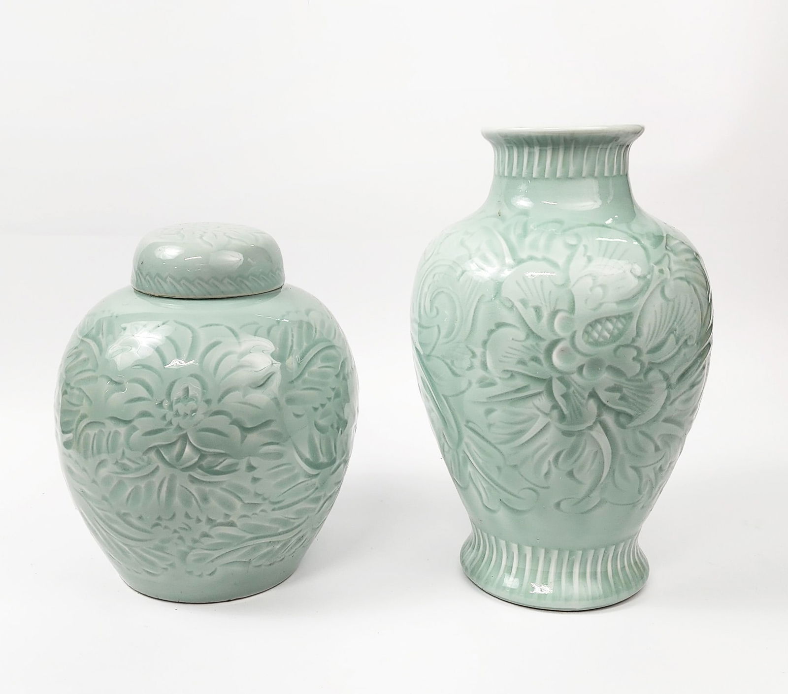 Vintage Chinese Carved Decorated & Celadon Glazed Jar & Vase (1 of 6)