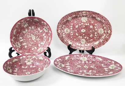 Lot of 4 Antique Chinese Export Red Enameled Ground Serving Bowls & Oval Platters
