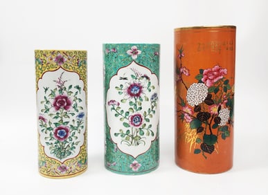 Lot of 3 Chinese Export Cylindrical Porcelain Vases
