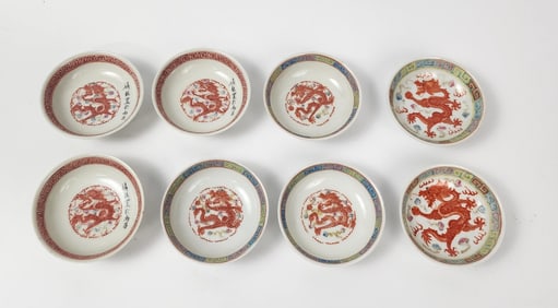 Lot of 8 Antique Chinese Famille Rose Small Dragon Dishes