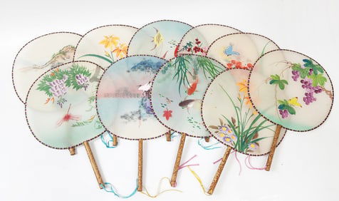 Lot of 10 Vintage Chinese Export Hand Painted Silk Hand Fans