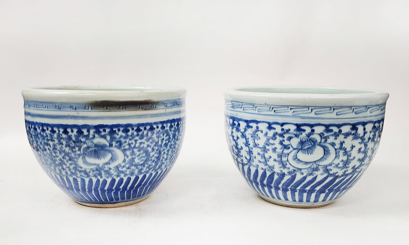 Pair of Antique Chinese Blue & White Porcelain Bowls: Pair of Antique Chinese Blue & White Porcelain Bowls/ Planters, d. 8.75 inches, h. 6.5 in., ca. early to mid 20th century. Provenance: Estate of a New York collector/ dealer. The collection assembled 