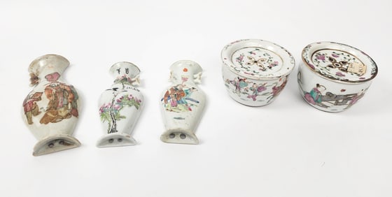 Lot of 5 Antique Chinese Famille Rose Three Pocket Vases & Two Bowls