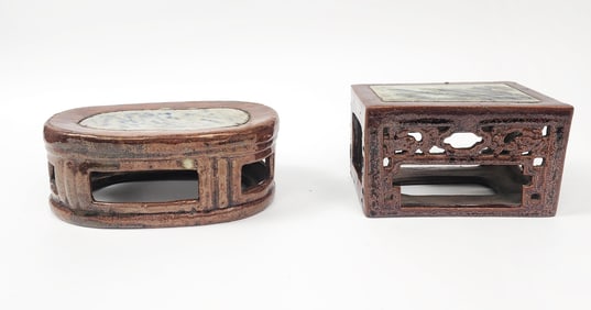 Lot of 2 Antique Chinese Trompe-l’oeil Faux Wood & Marble Ceramic Stands