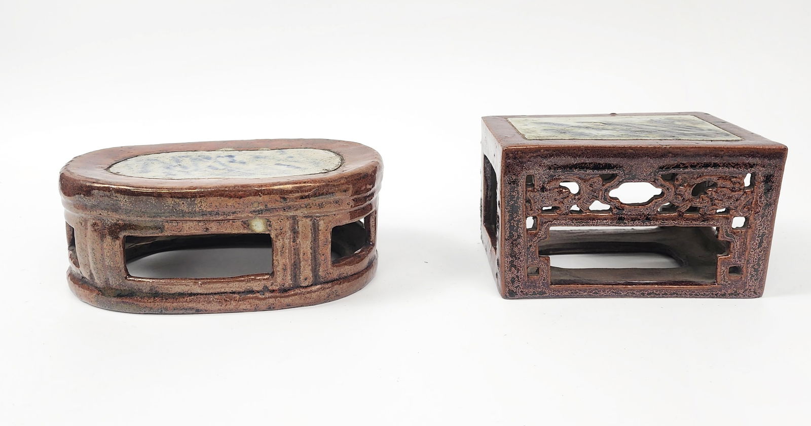 Lot of 2 Antique Chinese Trompe-l’oeil Faux Wood & Marble Ceramic Stands (1 of 4)