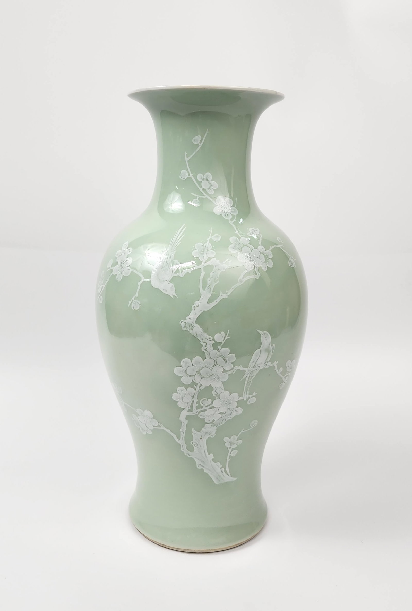 Vintage Chinese Export Jingdezhen Celadon Glazed Vase: Vintage Chinese Export Jingdezhen Zhi marked Celadon Glazed & White Enameled Vase, h. 14.5 inches, ca. early 1970s century. Provenance: Estate of a New York collector/ dealer. The collection assembled