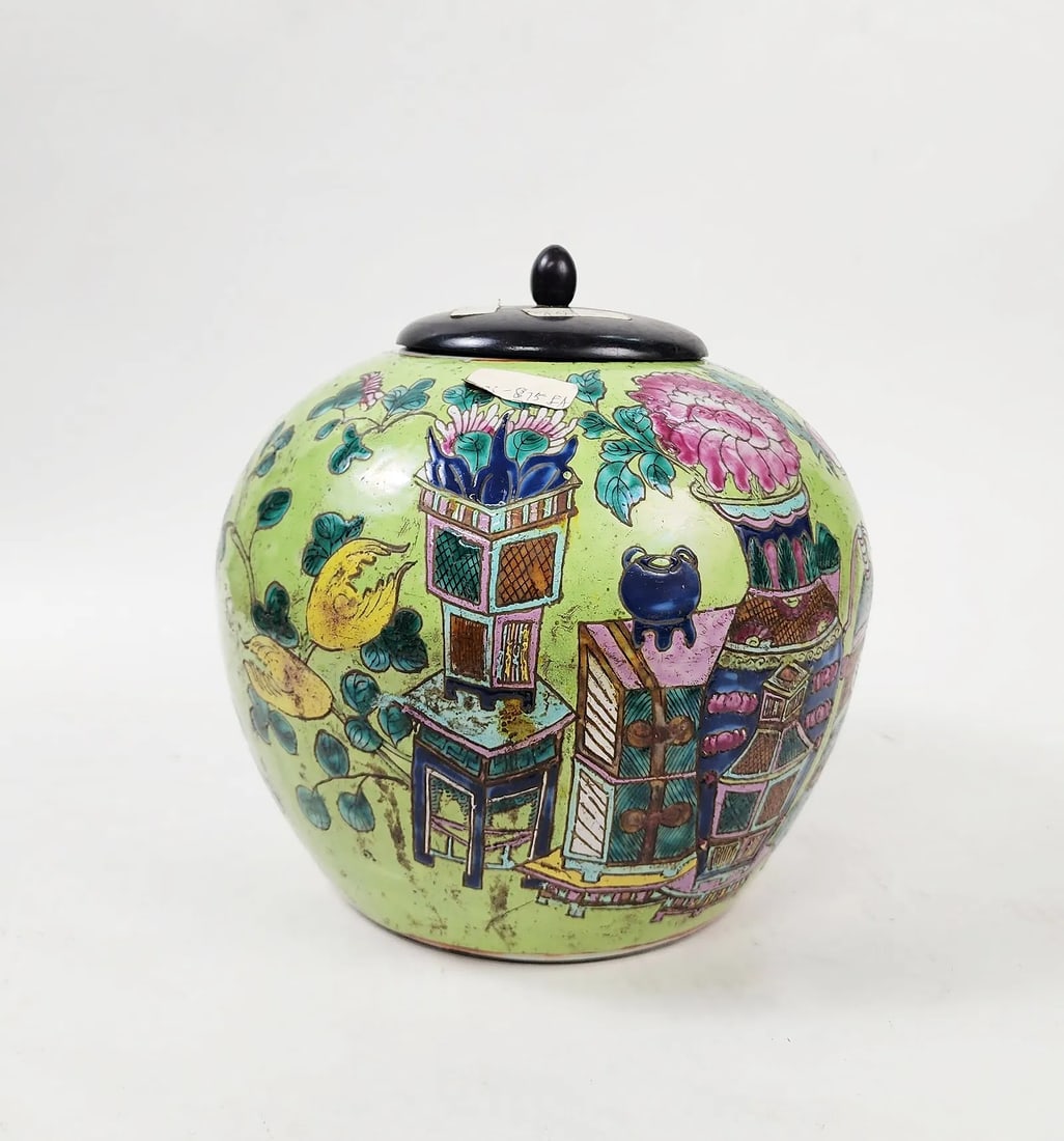 Antique Chinese Lime Green Ground Enameled Porcelain Jar: Antique Chinese Famille Rose Lime Green Ground Enameled Porcelain Jar, h. 8.75 inches, ca. late 19th- early 20th century. Comes with later wooden lid. Provenance: Estate of a New York collector/ deale