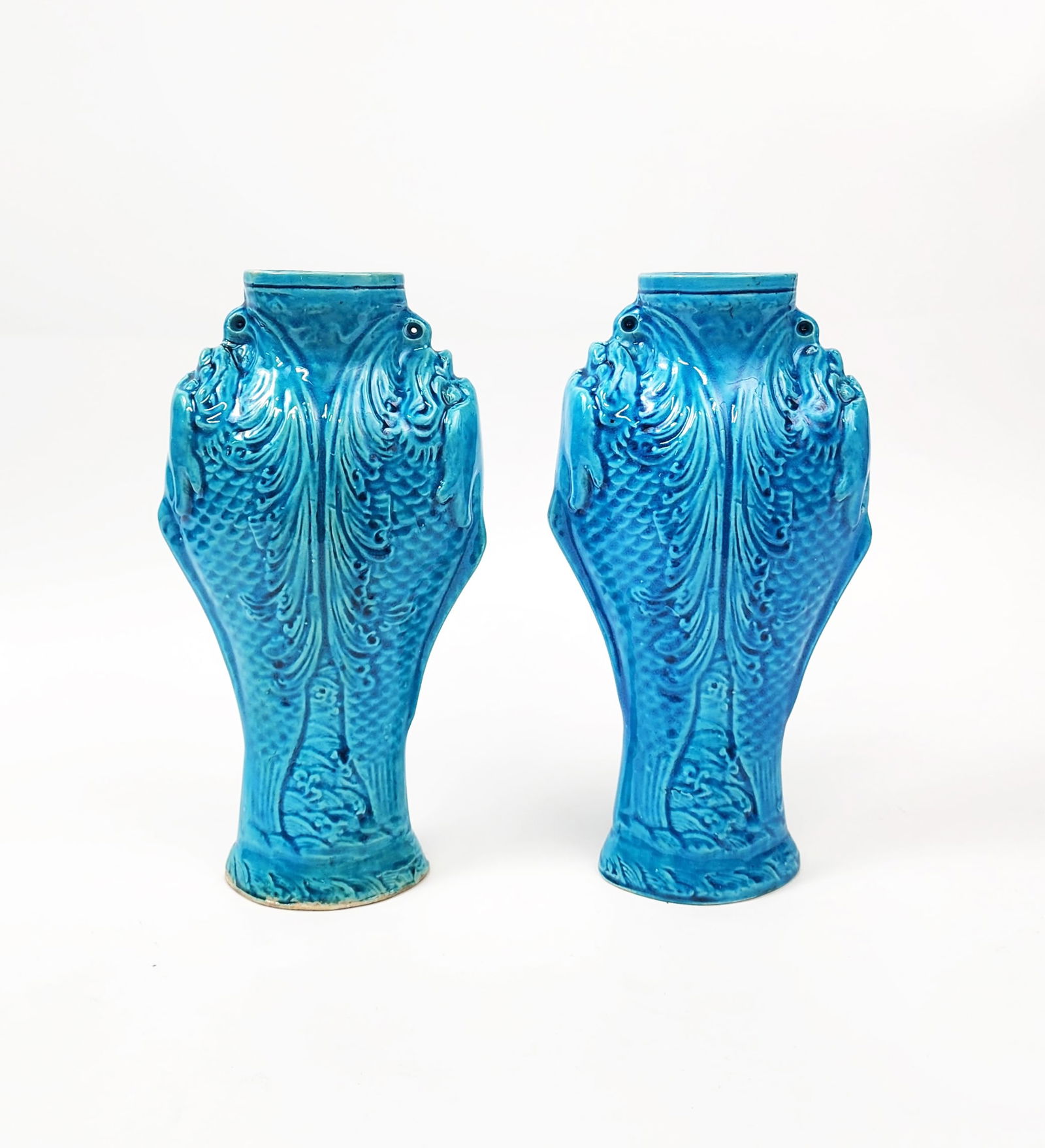 Pair of Antique Chinese Export Turquoise Glazed Moulded Porcelain Vases (1 of 9)