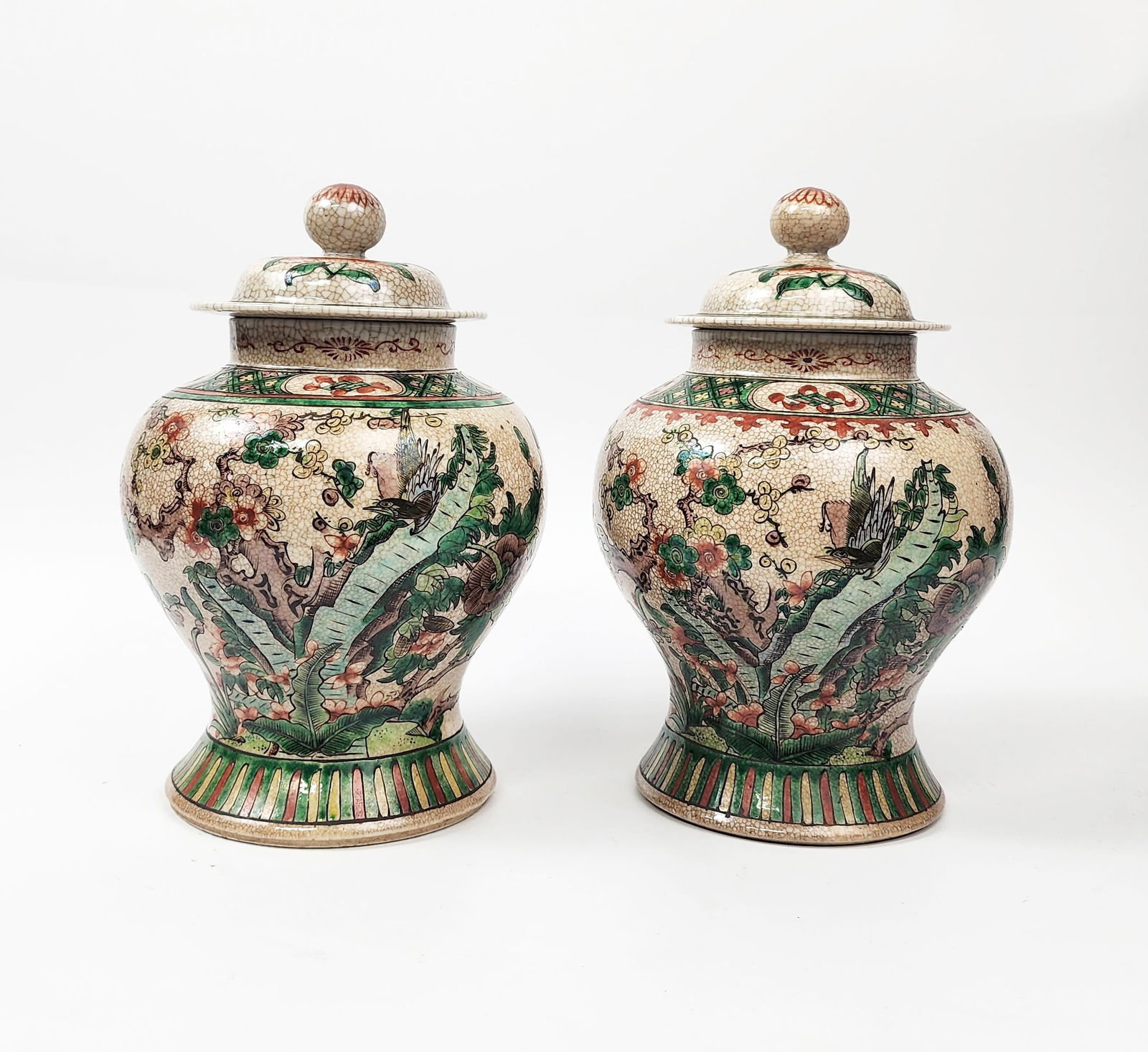 Pair of Antique Chinese Crackle Glazed & Enameled Porcelain Jars: Pair of Antique Chinese Crackle Glazed & Enameled Porcelain Jars, h. 9.5 inches, ca. early to mid 20th century. Provenance: Estate of a New York collector/ dealer. The collection assembled between ear