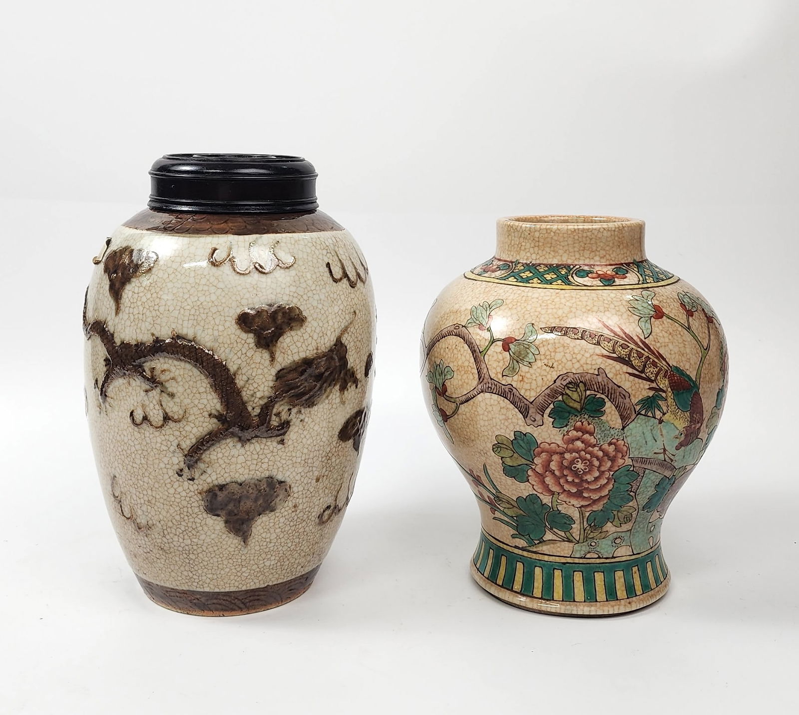 Lot of 2 Antique Chinese Crackle Glazed Nanking & Enameled Porcelain Jars: Lot of 2 Antique Chinese Crackle Glazed Nanking & Enameled Porcelain Jars, h. 9.75 inches, ca. early to mid 20th century. Provenance: Estate of a New York collector/ dealer. The collection assembled b