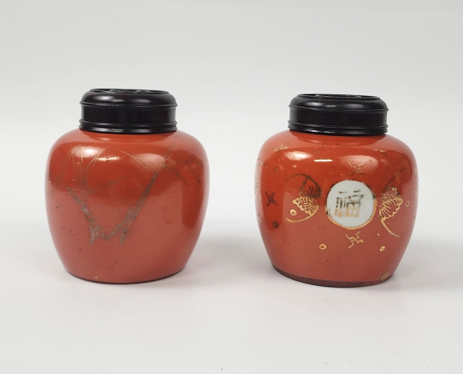 Lot of 2 Antique Chinese Coral Ground Porcelain Jars (1 of 7)