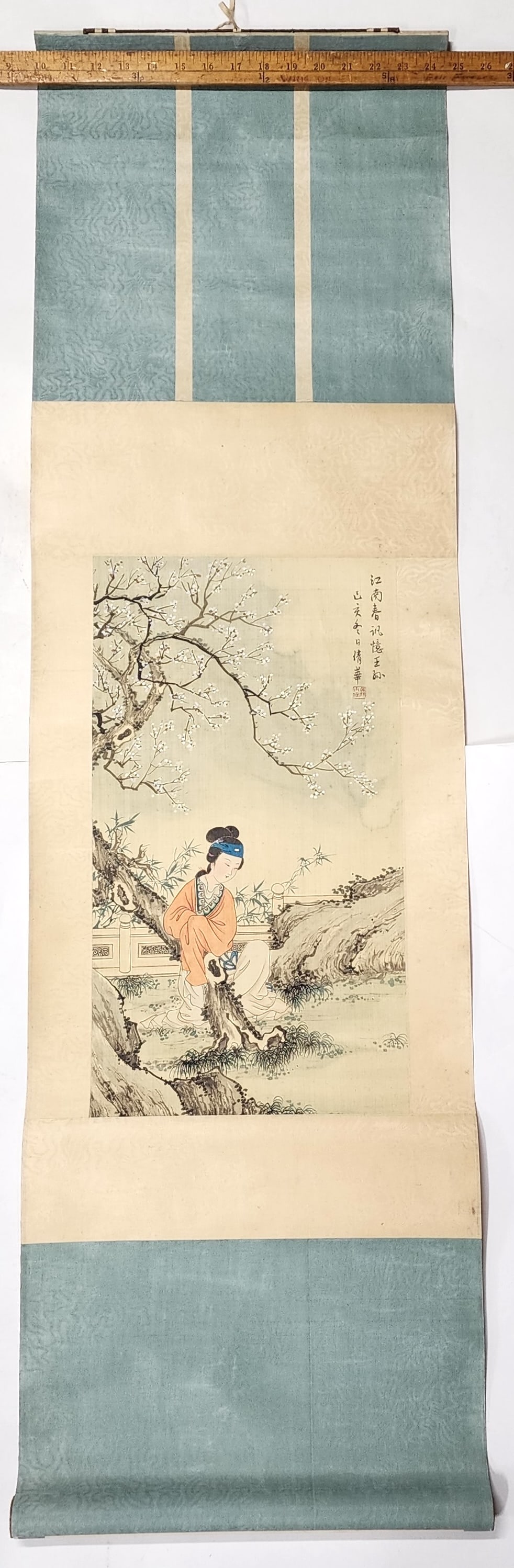 Antique Chinese Artist Signed Scroll Painting with Woman Sitting Under Tree,
