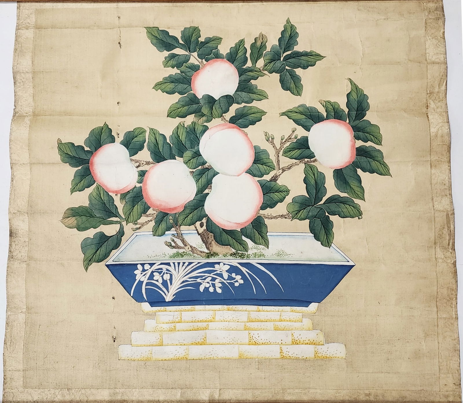 Antique Chinese Still Life Painting with Peaches: Antique Chinese Still Life Painting on Silk with Peaches, 22.5 x 21.5 inches, ca. early to mid 20th century. Provenance: Estate of a New York collector/ dealer. The collection assembled between early