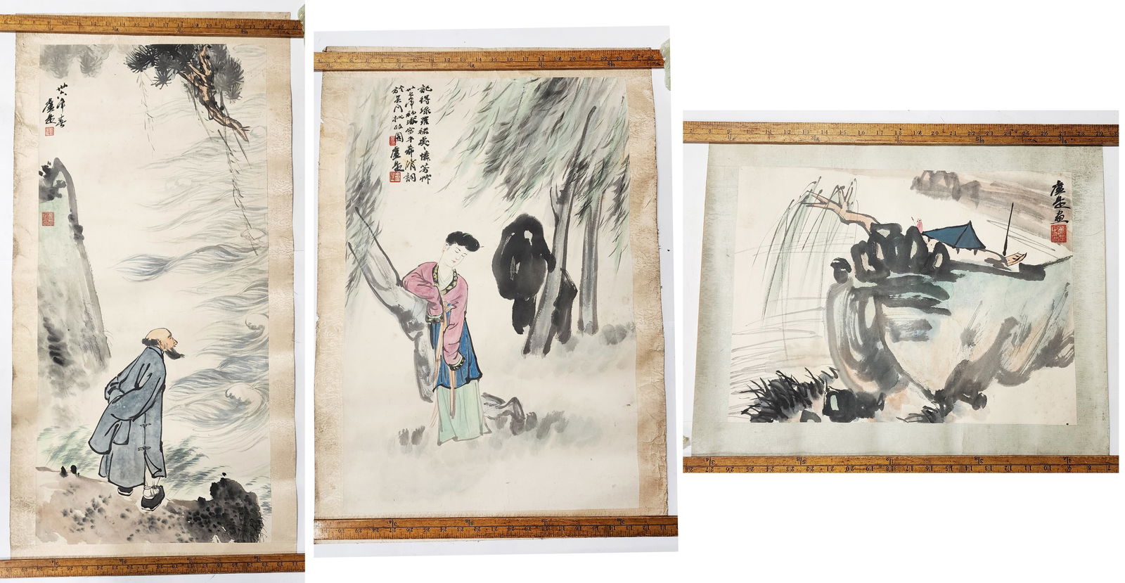 Lot of 3 Chinese Paintings; Old Man, Woman and Landscape (1 of 11)
