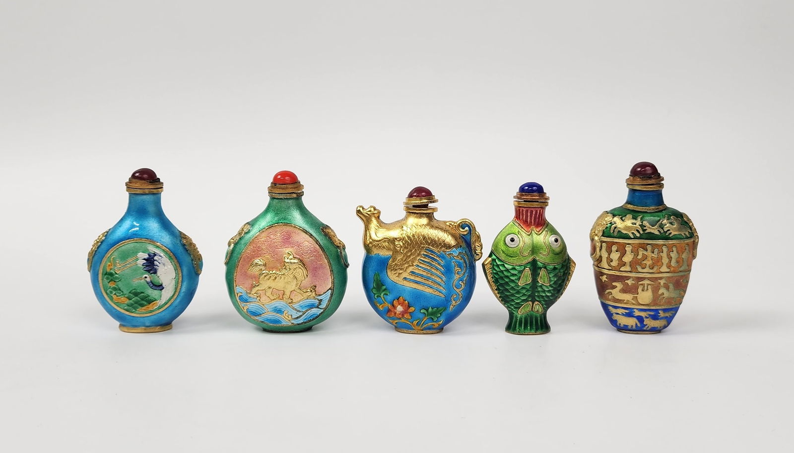 Lot of 5 Chinese Export Enameled Metal Snuff Bottles (1 of 4)